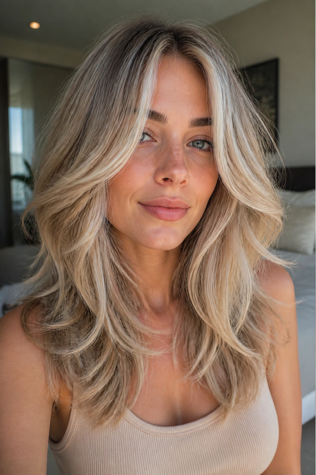 Close-up of a real woman with shaggy layered blonde hair and icy money-piece fronts in natural window light