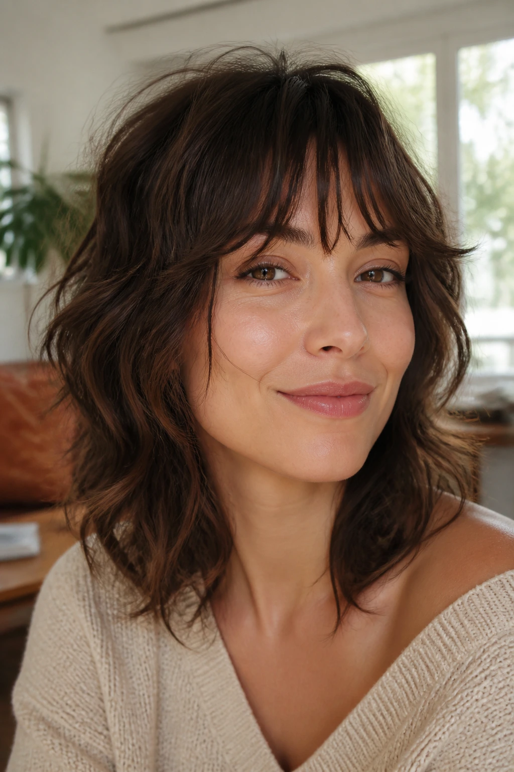 Close-up portrait of a real woman with shaggy layers and piecey bangs in a cozy living room with natural window light