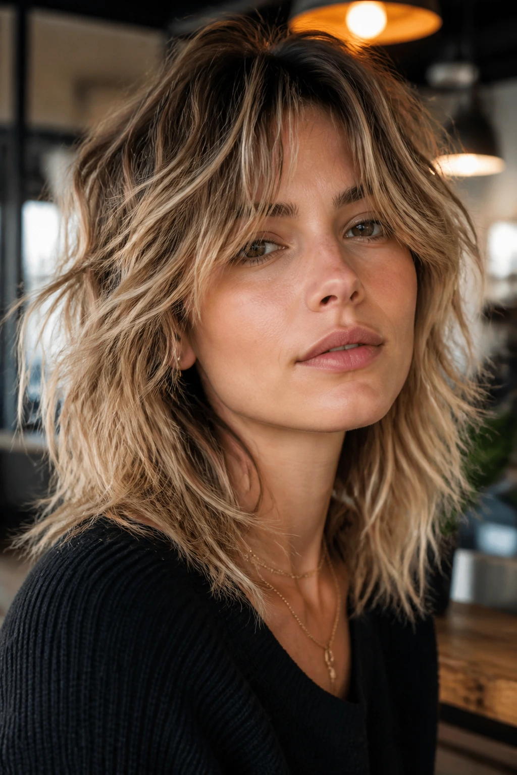 Real person with shaggy layers and piecey texture