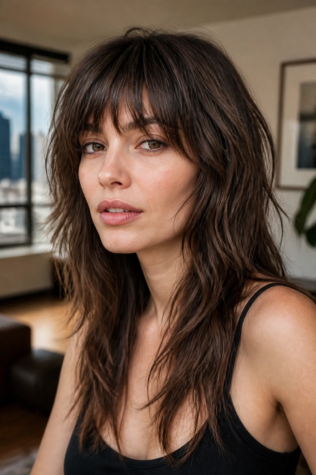 Close-up of a woman with shaggy lengths and brow-grazing fringe.