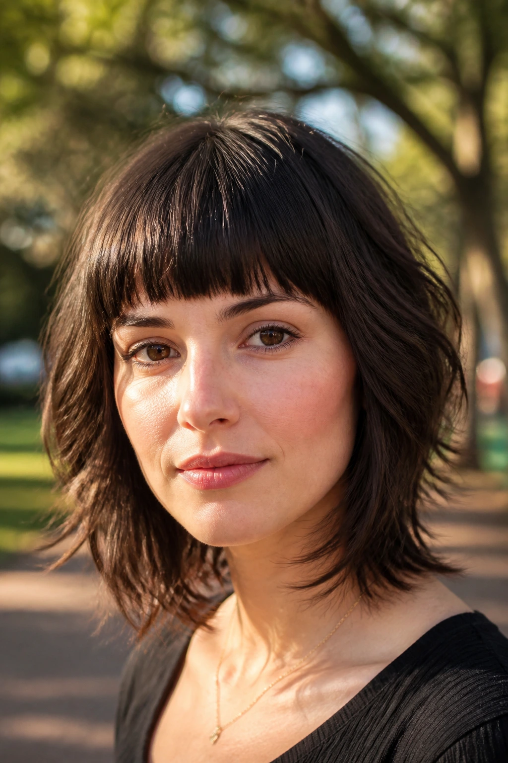 Real woman with shaggy lob and clean fringe line portrait