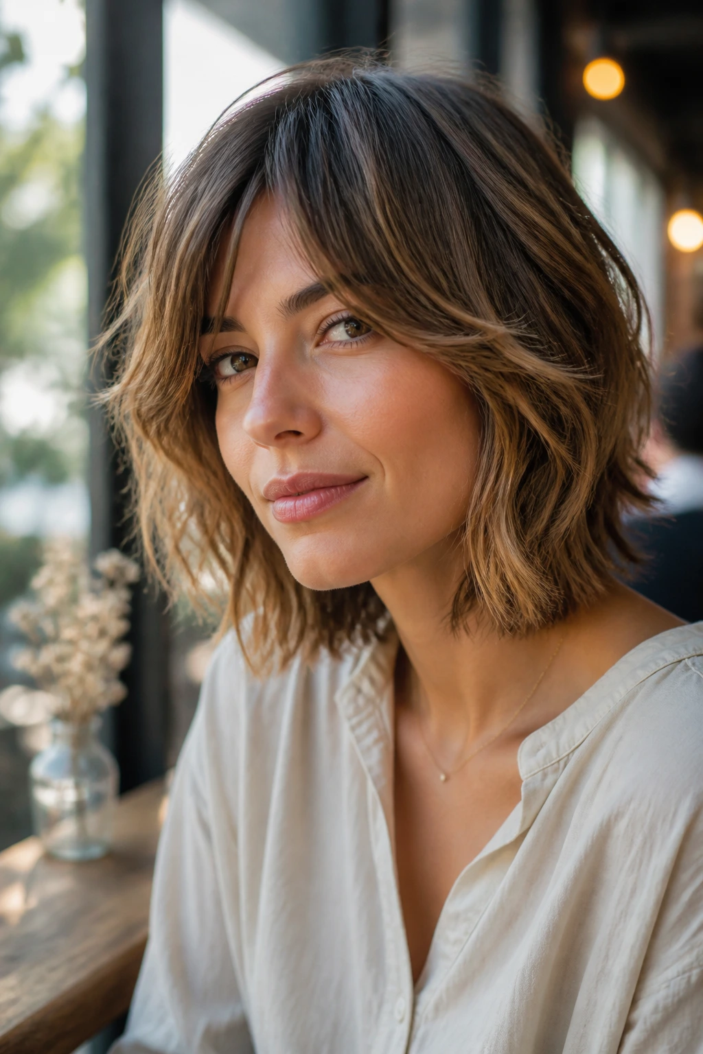 Close-up of a woman with a shaggy lob and soft waves.