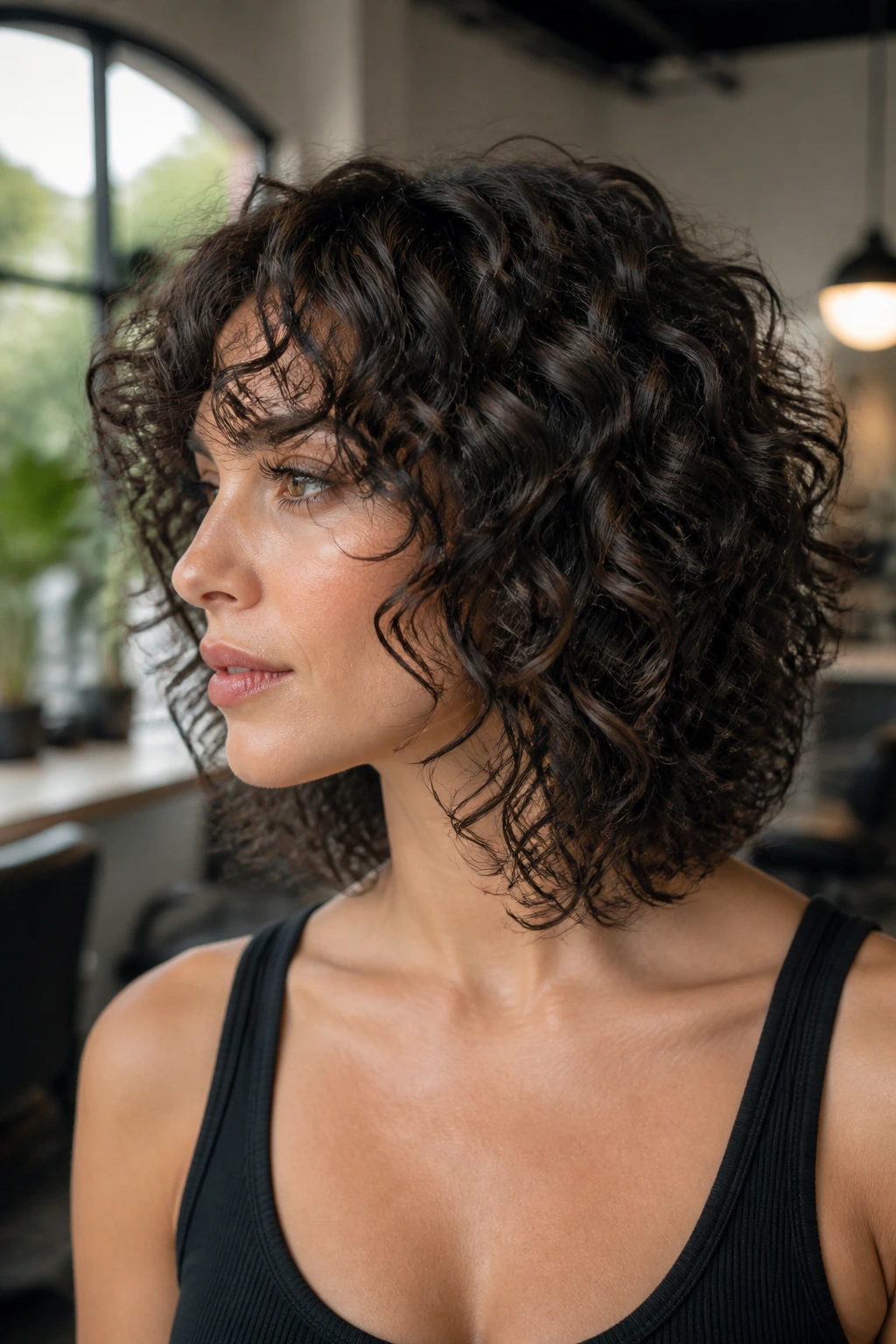 Close-up portrait of a real woman showing a shaggy lob that holds shape on curly hair.