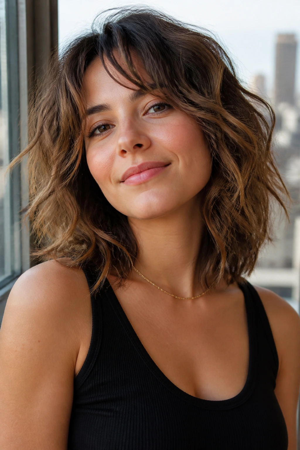 Close-up of a real woman with a modern shaggy lob and soft layers