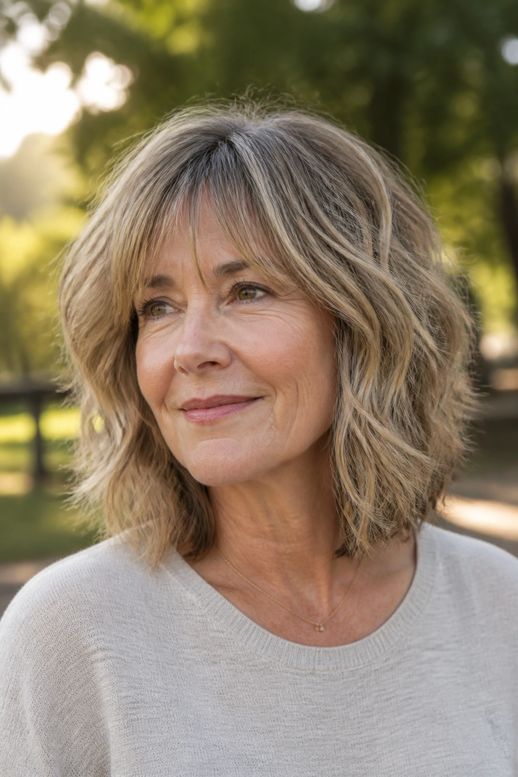 Portrait of a woman in her 50s with shoulder-skimming shaggy lob in natural light