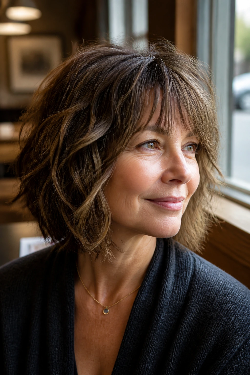 Portrait of a real woman with a shaggy medium bob and natural daylit setting