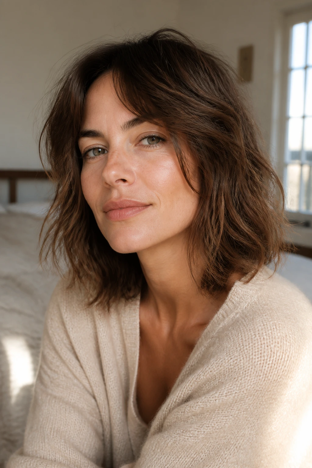 Portrait of a real woman with shaggy mid-length bob and textured waves