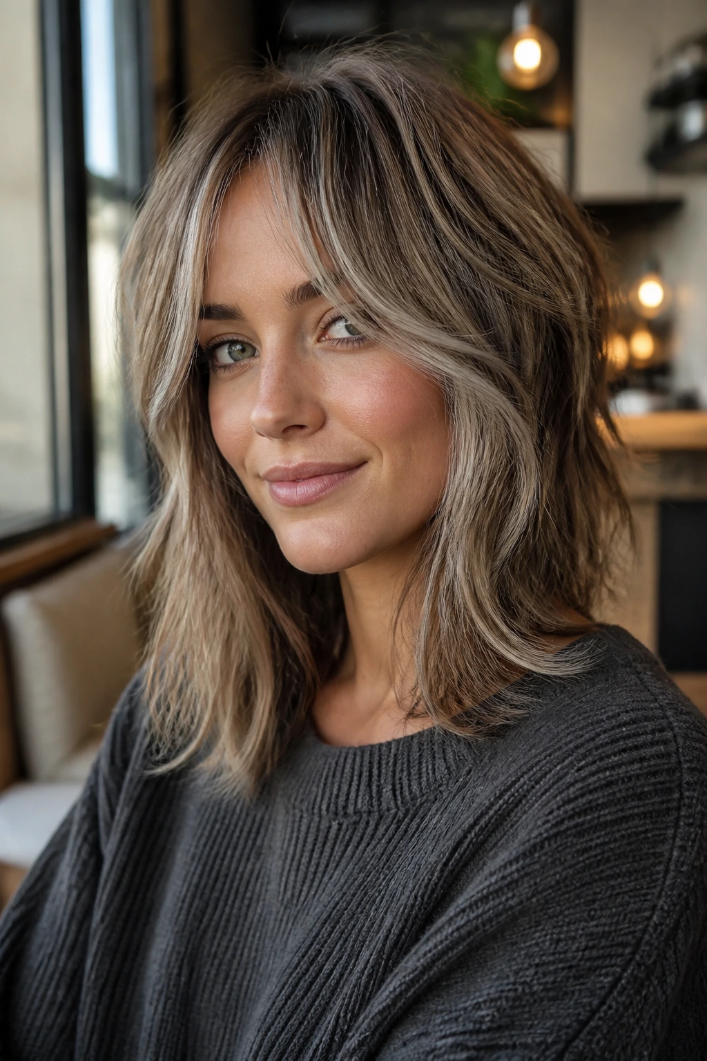 Shaggy midi cut with face framing pieces on a real person