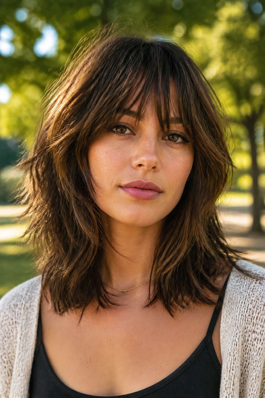 Portrait of real person with shaggy midlength and bottleneck bangs