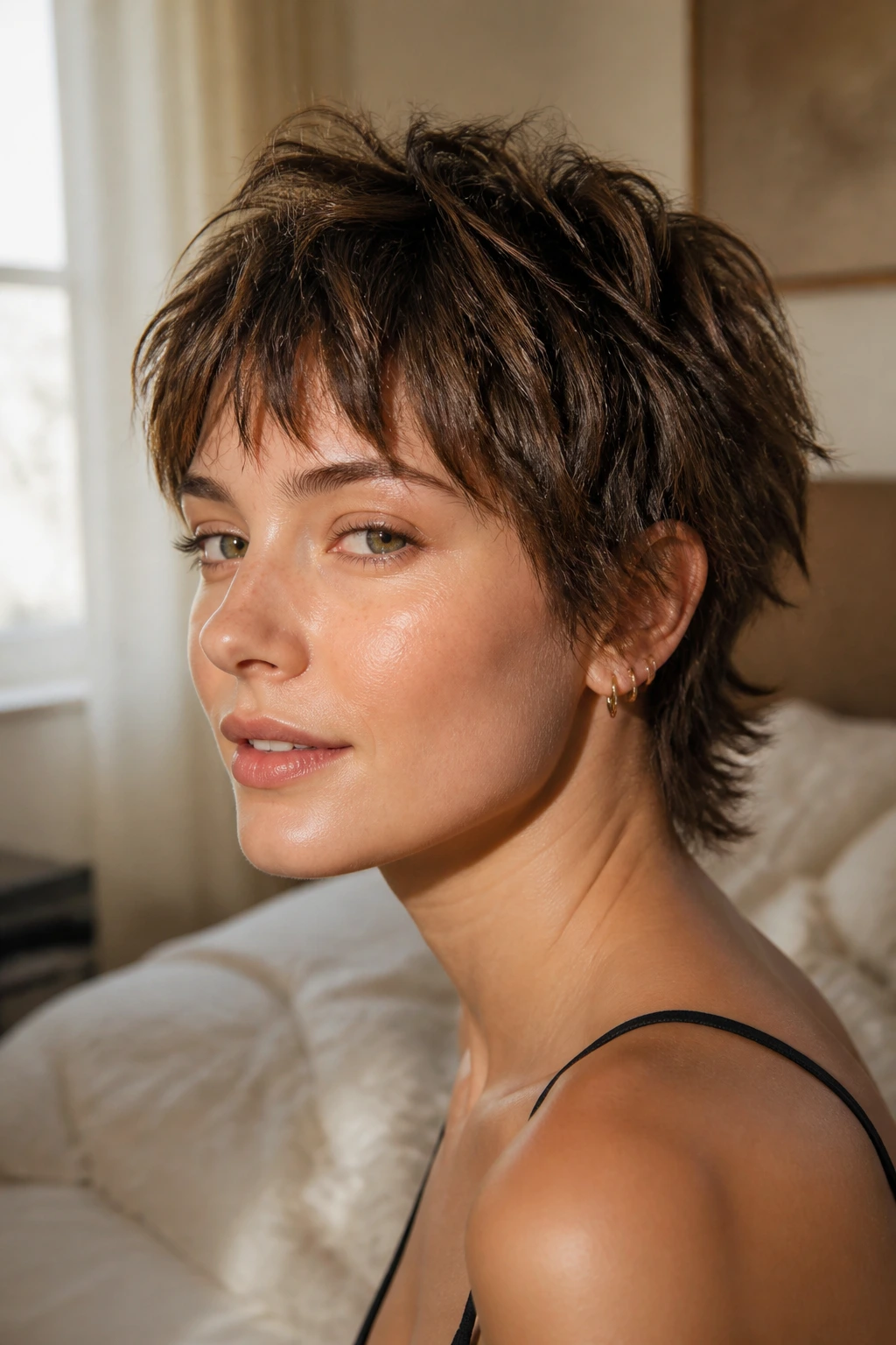 Close-up of a real person with a shaggy mini cut under natural window light