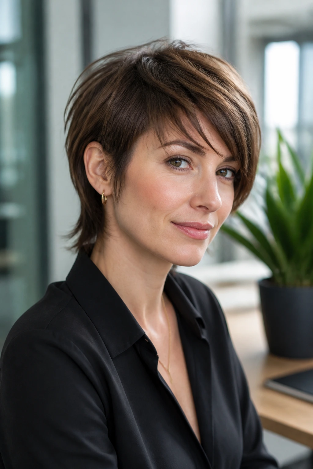 Close-up of a real woman with a shaggy mullet pixie cut in a soft office version, side-swept fringe.