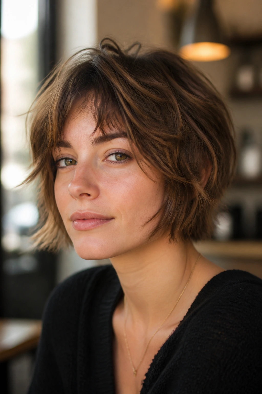 Portrait of woman with shaggy piecey bob showing layered crown and cheek texture
