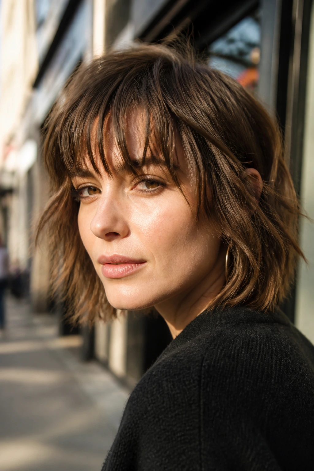 Close-up of a real woman with textured shaggy piecey fringe in daylight