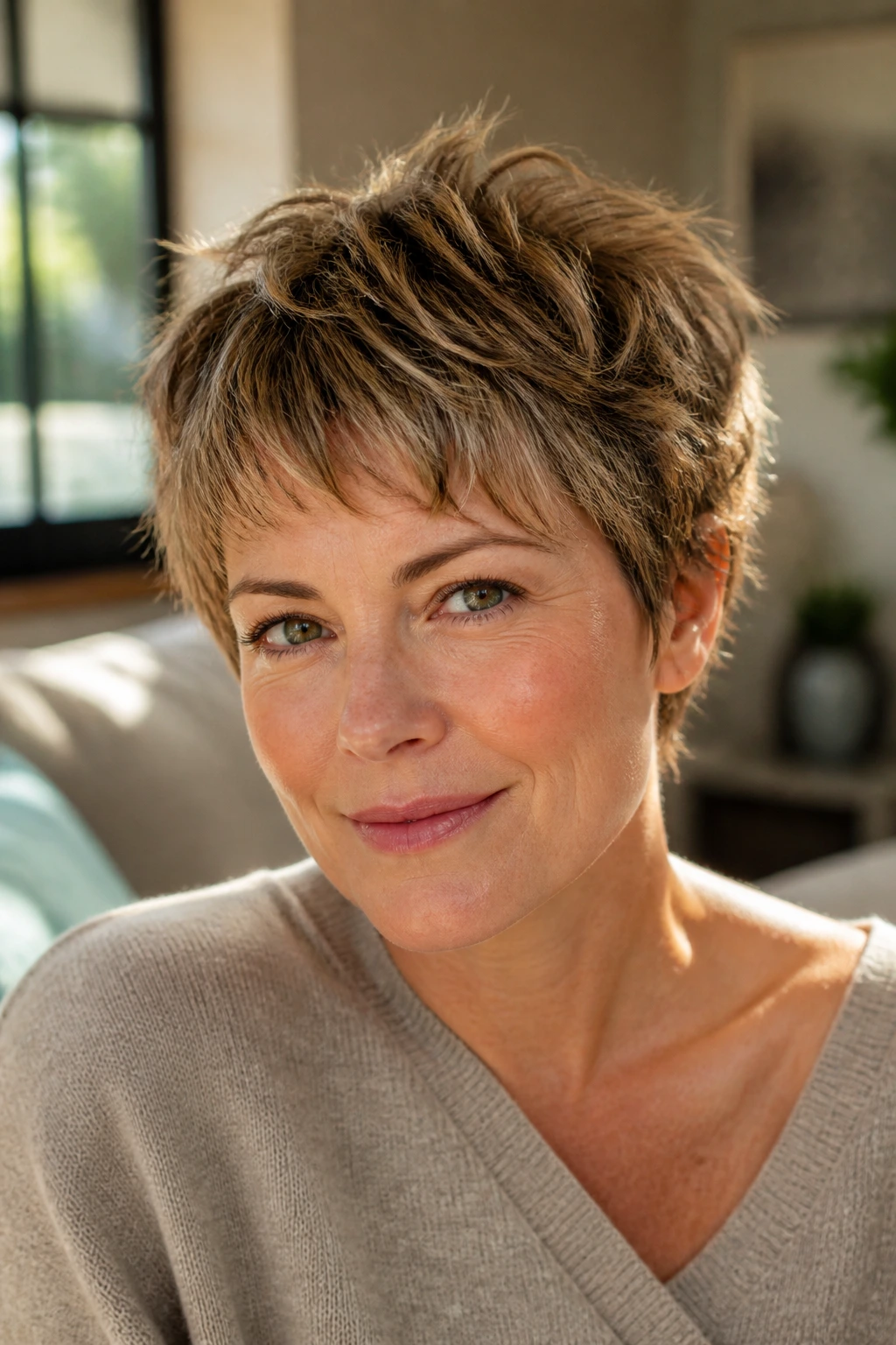 Close-up of a real woman with shaggy crop pixie showing textured ends and light layers