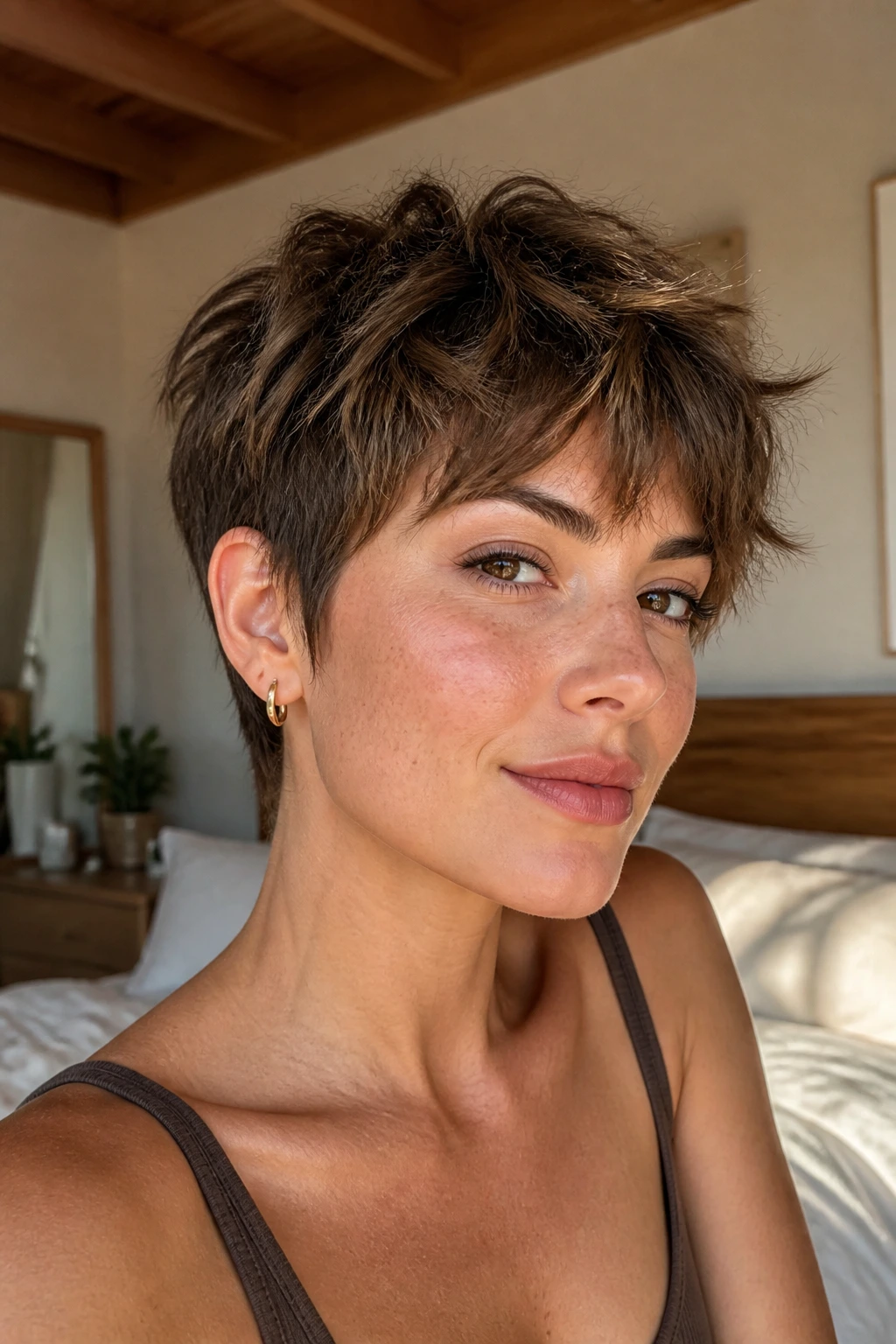 Shaggy pixie crop close-up on a real woman with layered, tousled texture