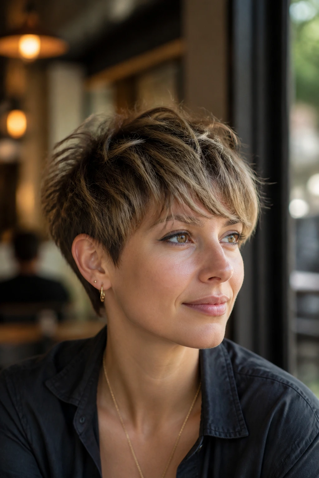 Close-up of a real woman with shaggy airy pixie and feathered fringe in natural daylight.