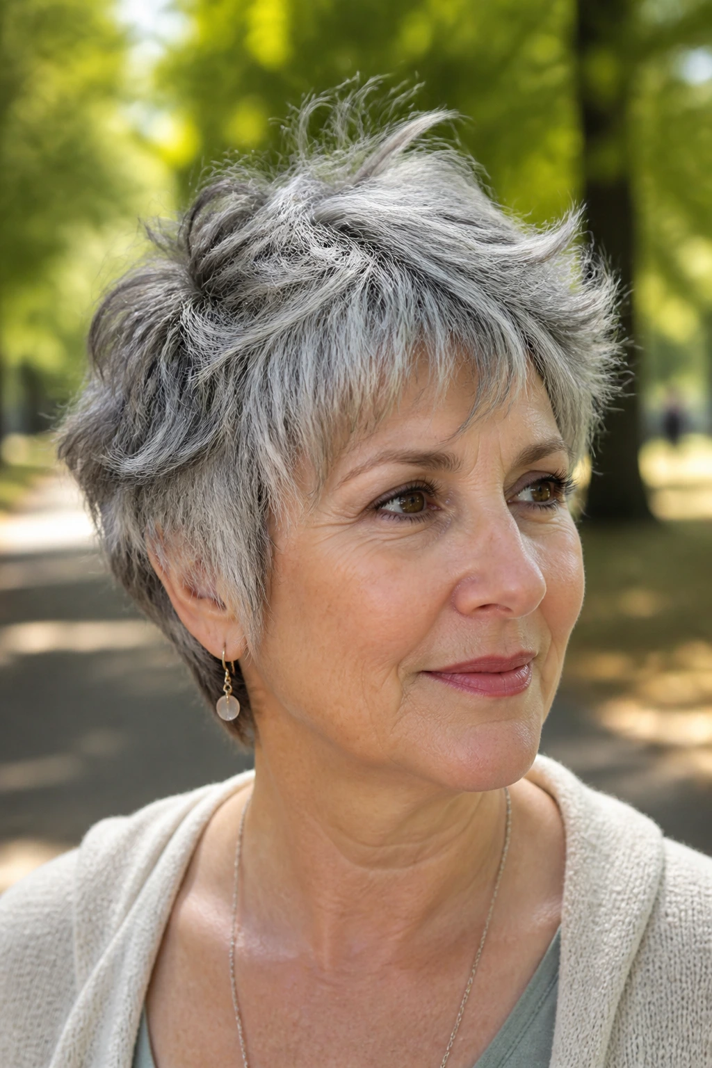 Close-up of gray-haired woman with Shaggy Pixie crown movement.
