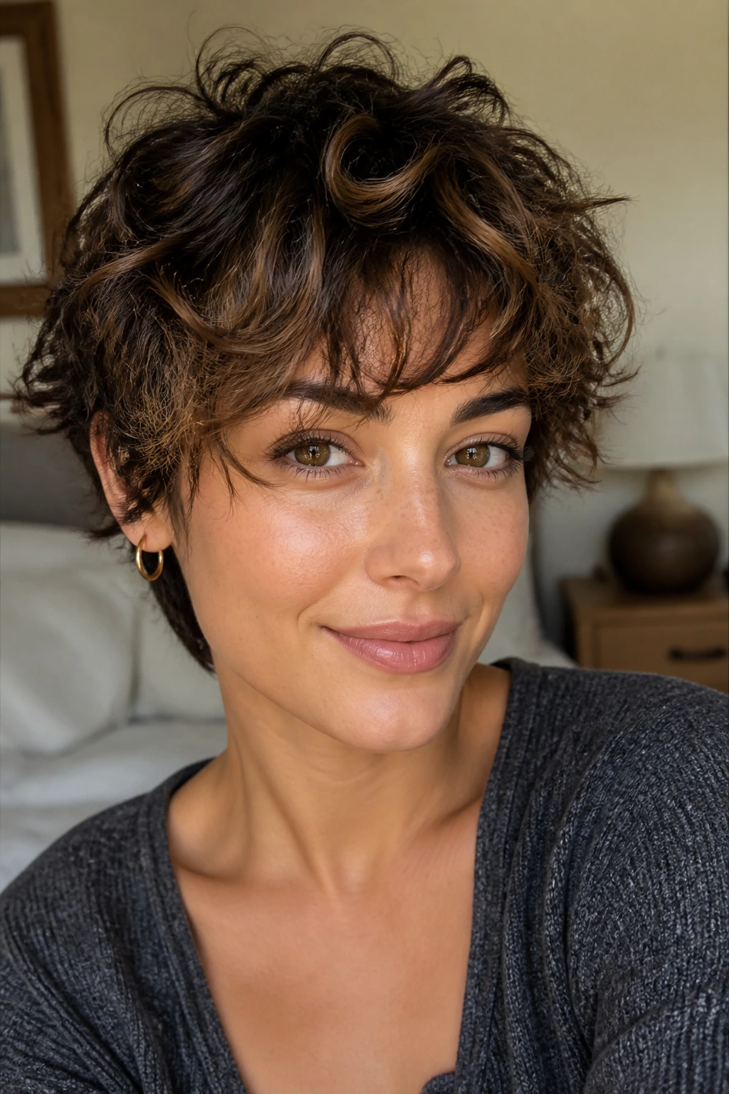 Close-up of a real woman's shaggy curly pixie with feathered fringe