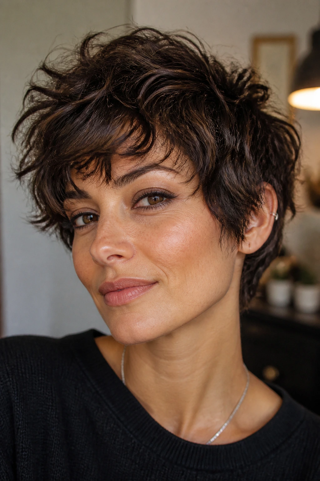 Portrait of a real person with shaggy long pixie and choppy layers