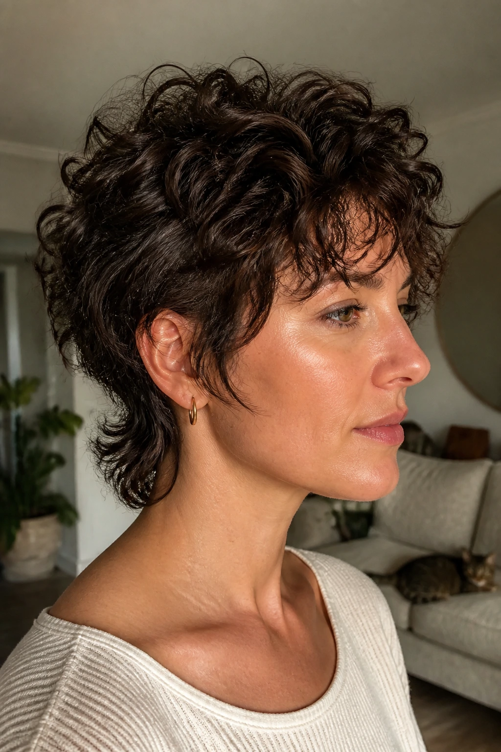 Close-up of a real person with shaggy curly pixie and longer nape in warm light