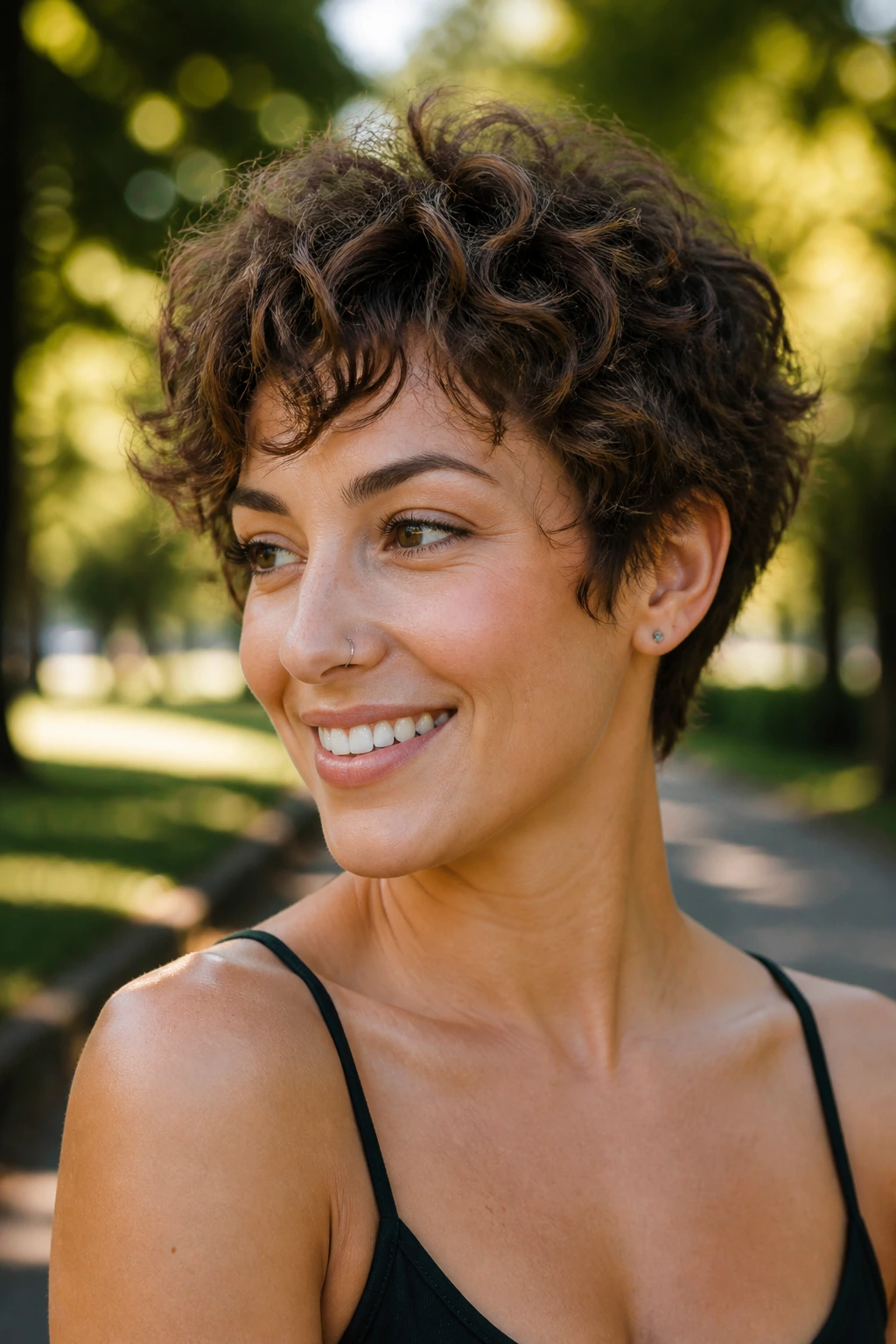 Close-up of a real woman with a shaggy curly pixie and micro layers
