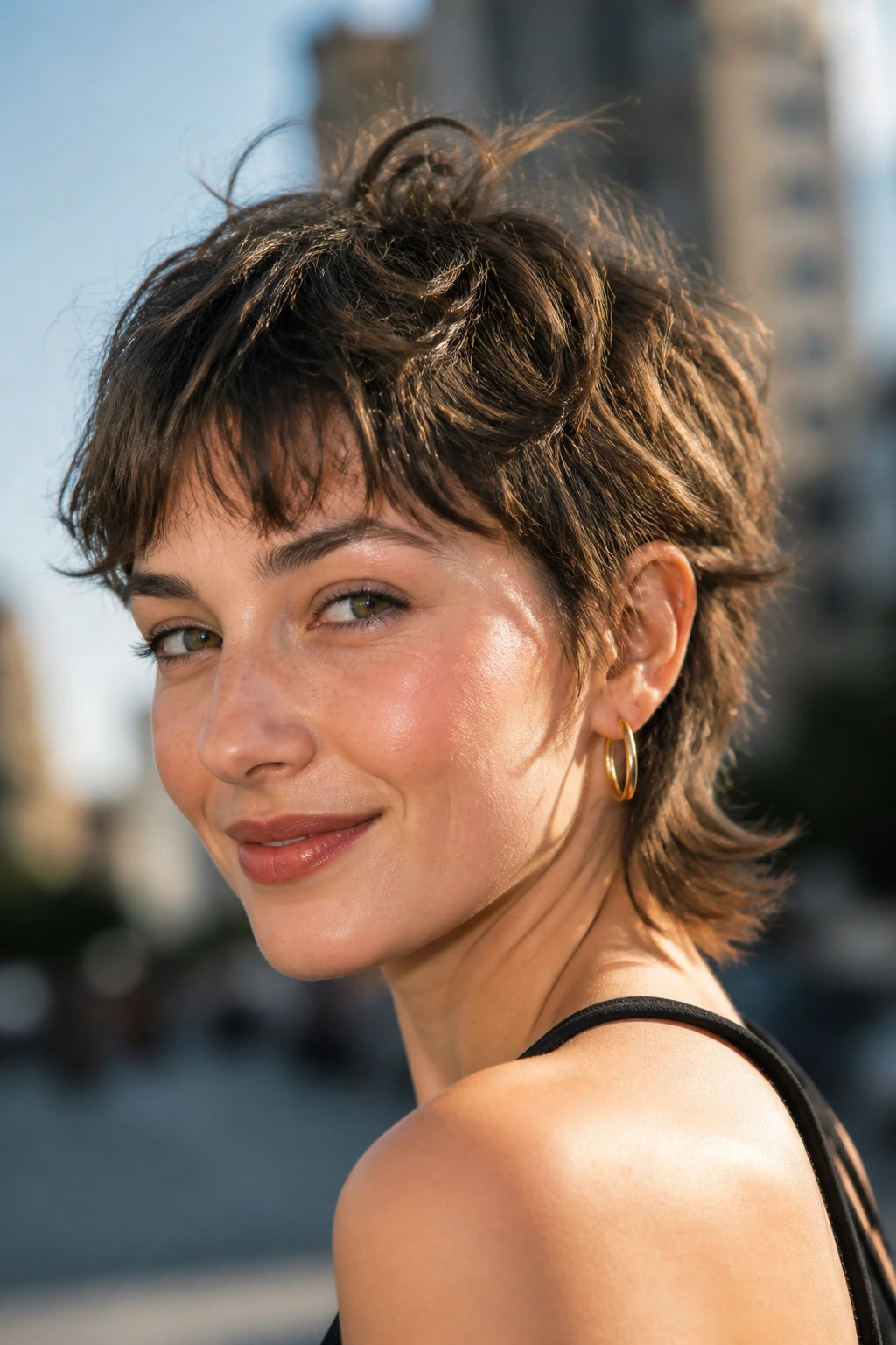 Portrait of a real woman with a shaggy pixie-mullet, showing short front and longer back with wind-swept texture.