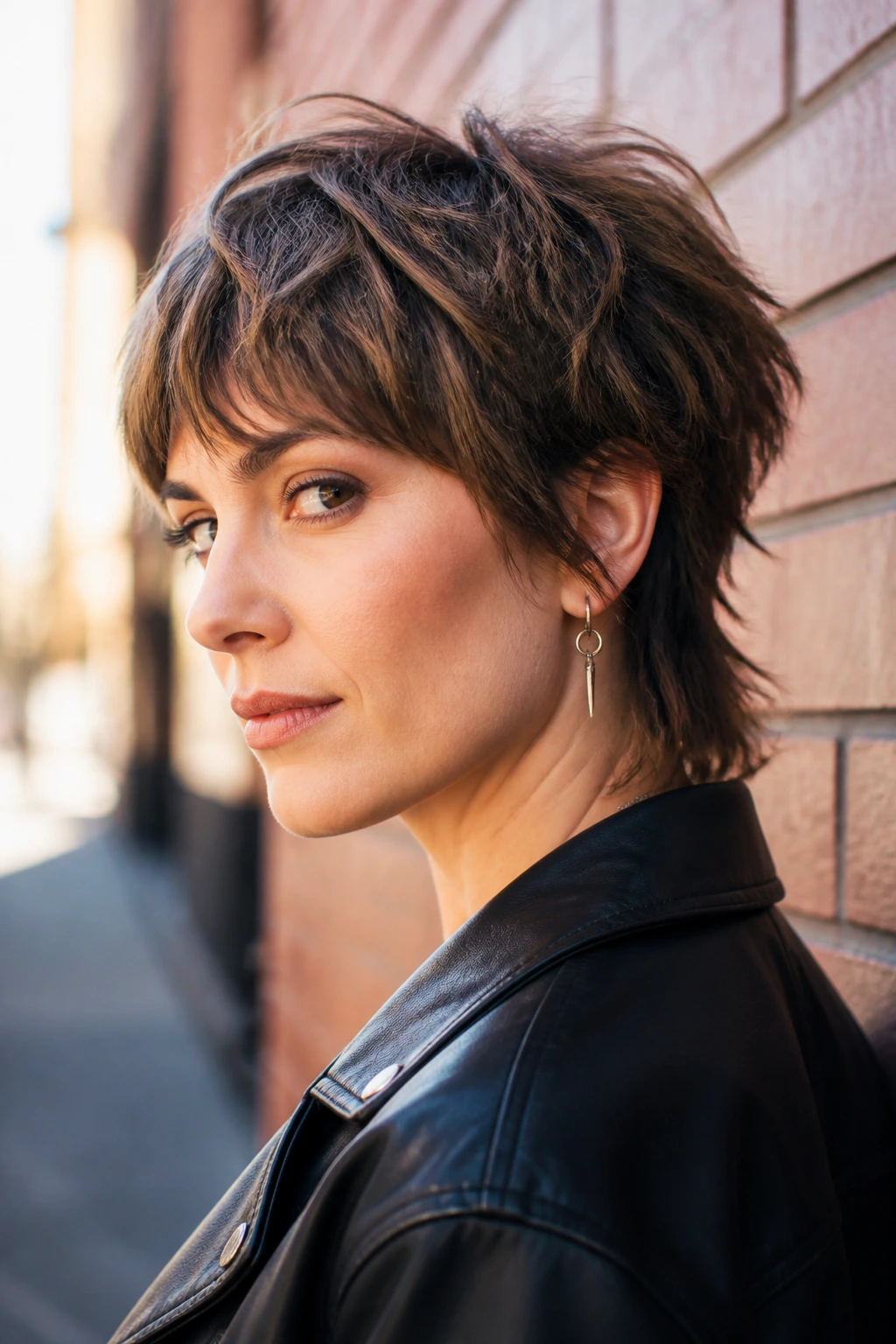 Close-up portrait of a real woman with a shaggy pixie mullet on an urban street.