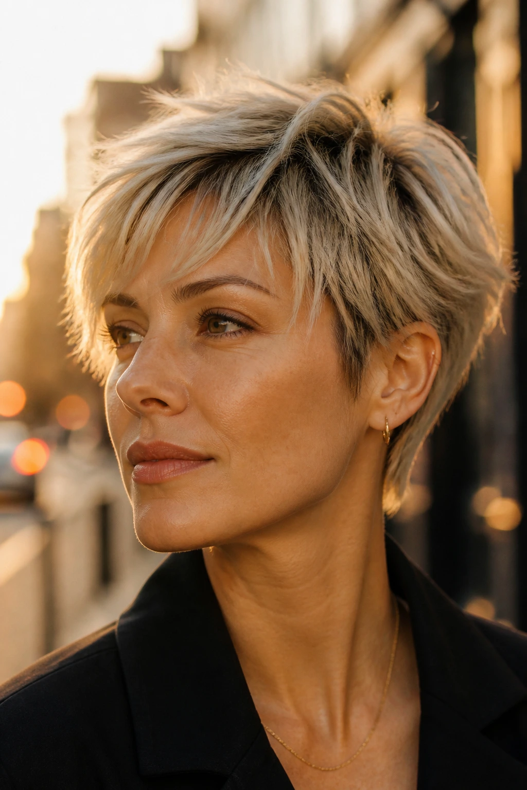 Close-up of a real woman with a shaggy pixie and soft root shadow in warm urban light