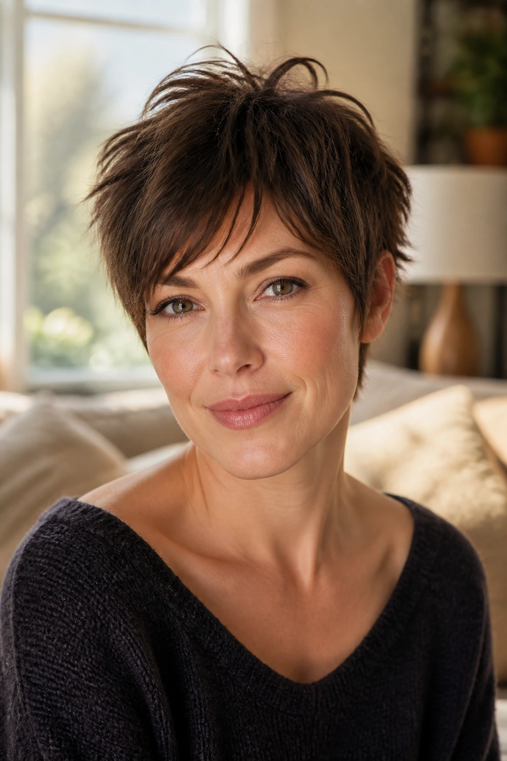 Close-up of a woman with a shaggy pixie hairstyle featuring textured layers and wispy fringe in warm window light