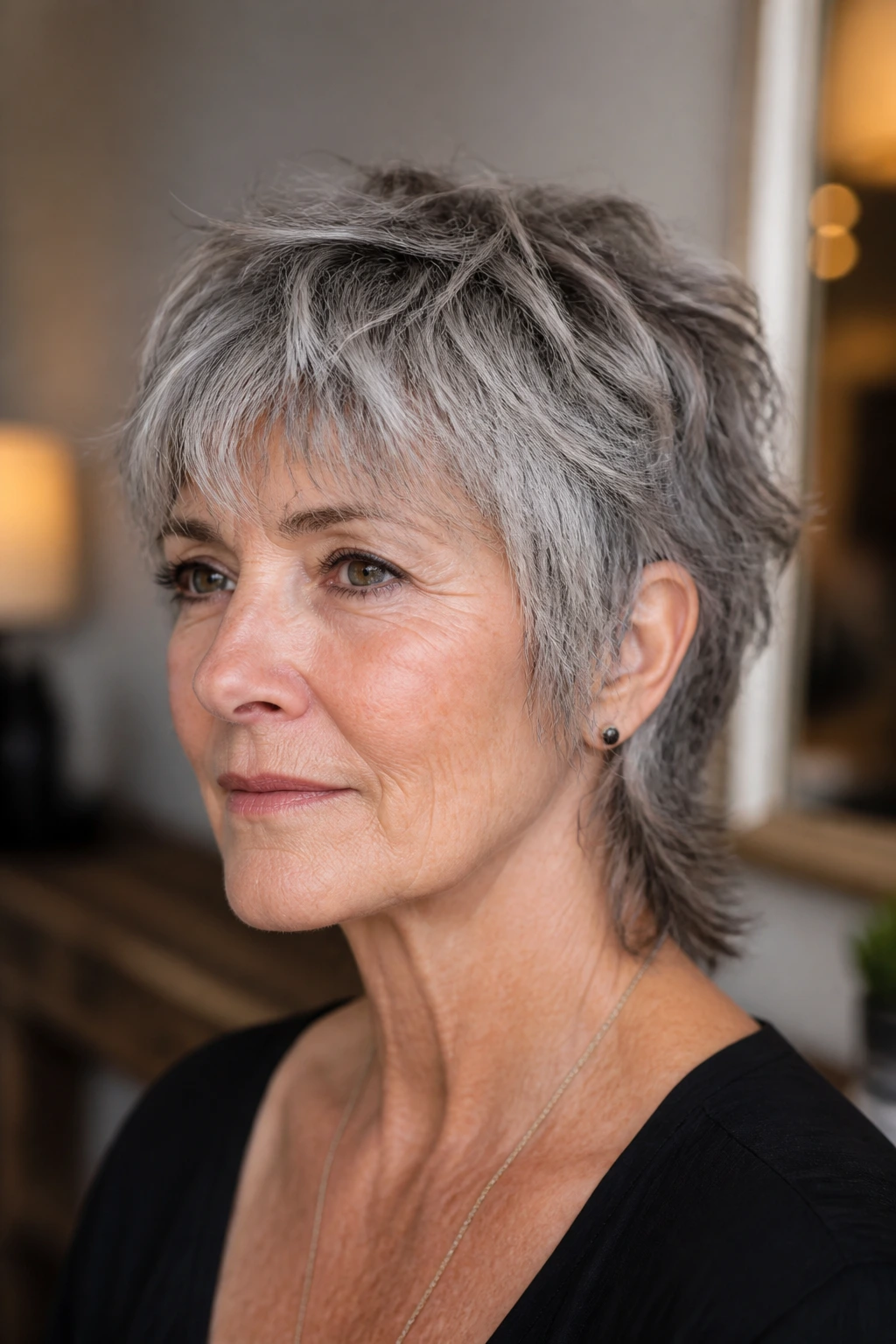 Close-up portrait of a real woman with shaggy pixie and wispy neck length gray hair