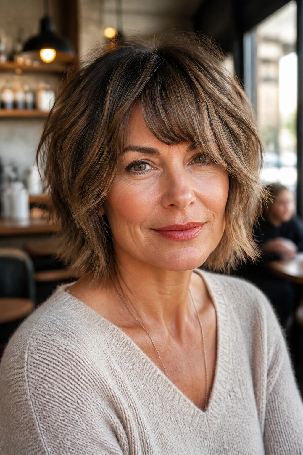 Portrait of a woman with a shaggy razor bob and soft curtain bangs in a cafe setting
