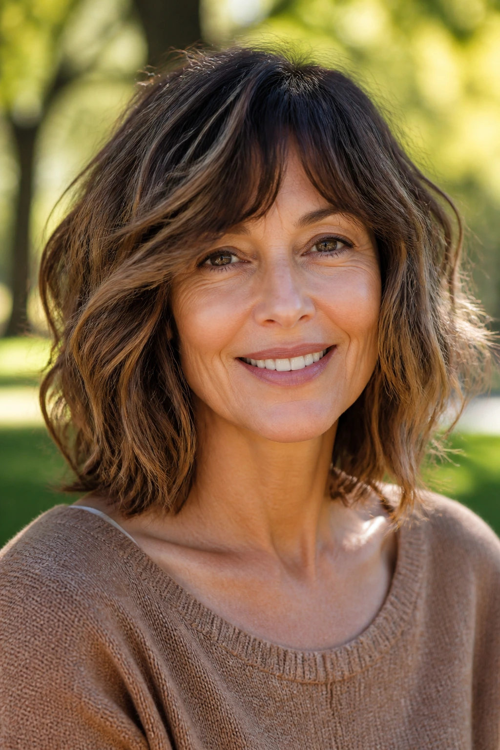 Real woman with shaggy shoulder bob in sunlight