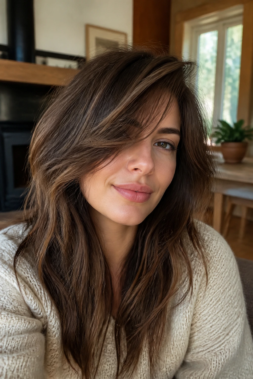 Close-up of a real person with shaggy side fringe and textured ends.