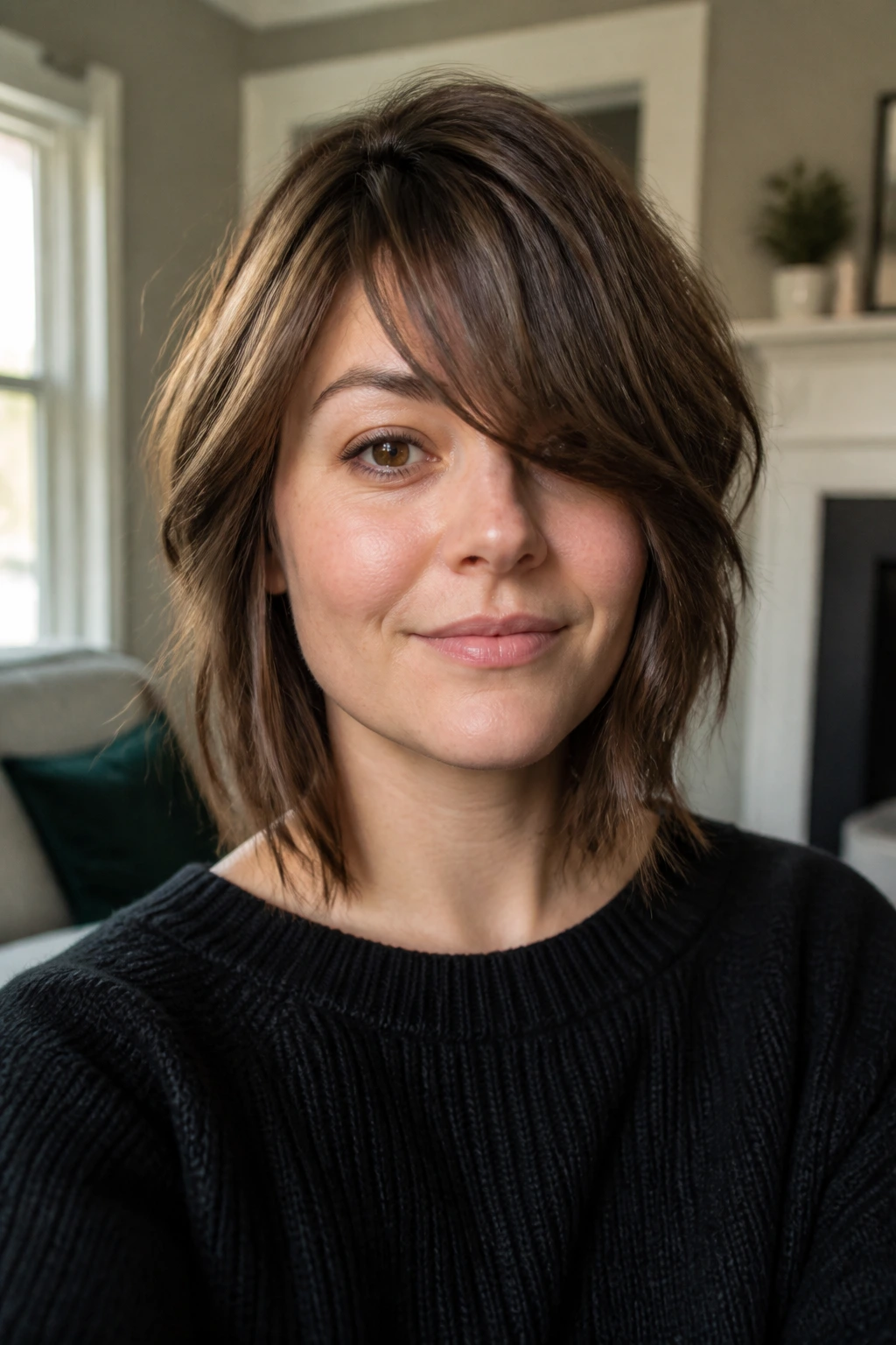Close-up portrait of a real woman with a shaggy side fringe and textured ends.