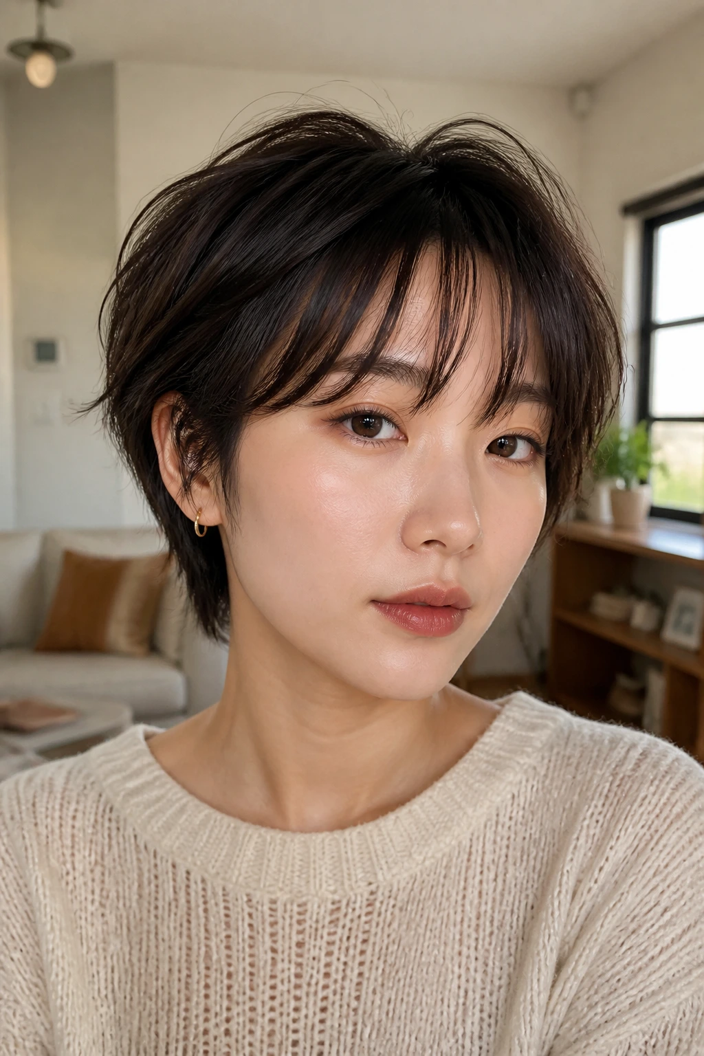 Real person with shaggy textured pixie and piecey bangs portrait