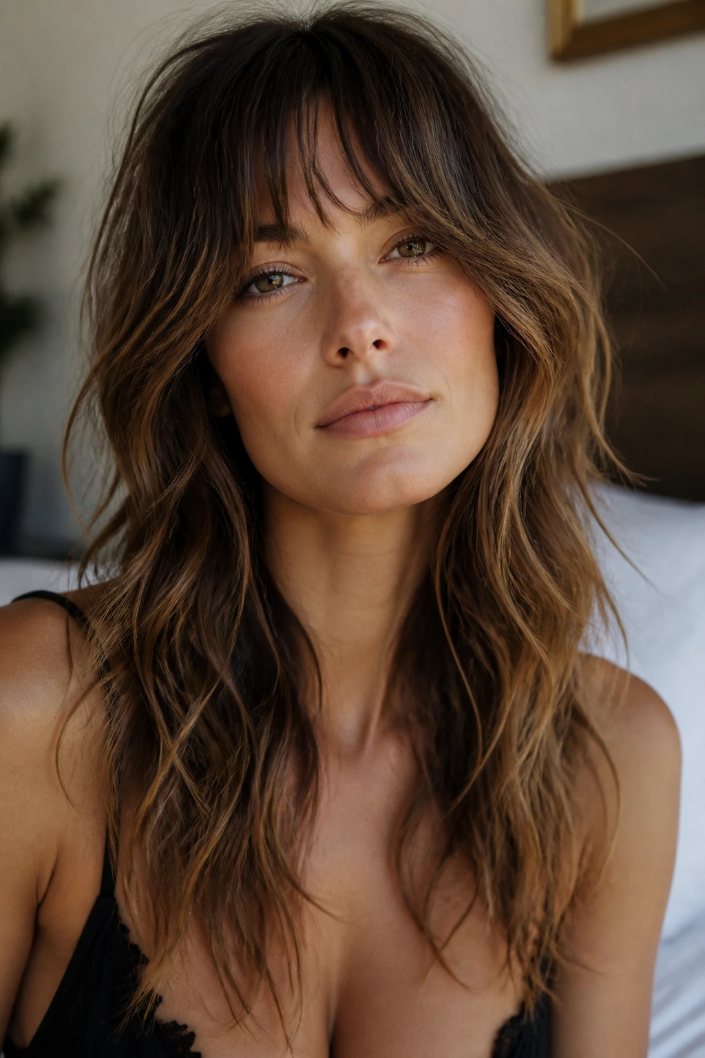 Close-up portrait of a real woman with shaggy waves and mid-length bangs framing her face.