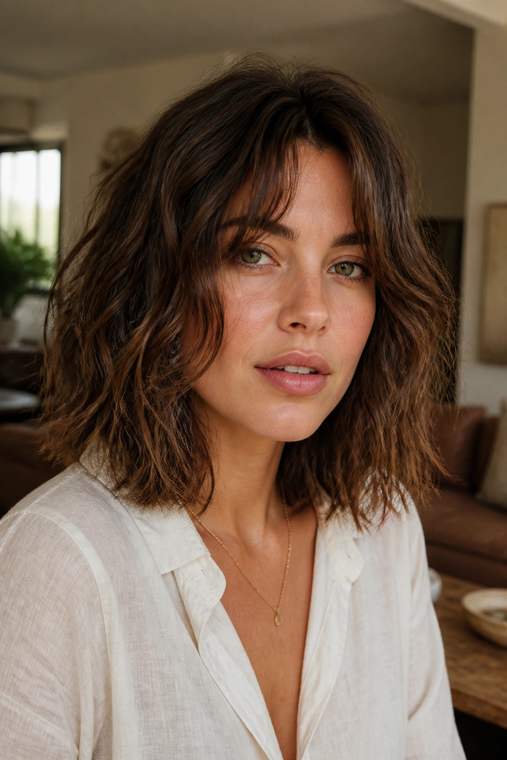 Close-up portrait of a real woman with a shaggy wavy lob in a cozy living room