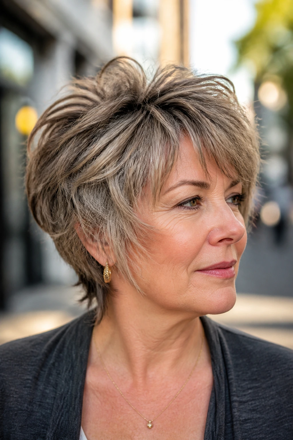 Portrait of a real woman with a shaggy wedge hairstyle and textured layers.