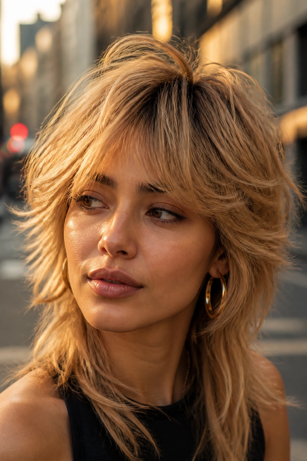 Real woman with shaggy wolf cut in beige-gold tones on olive skin.