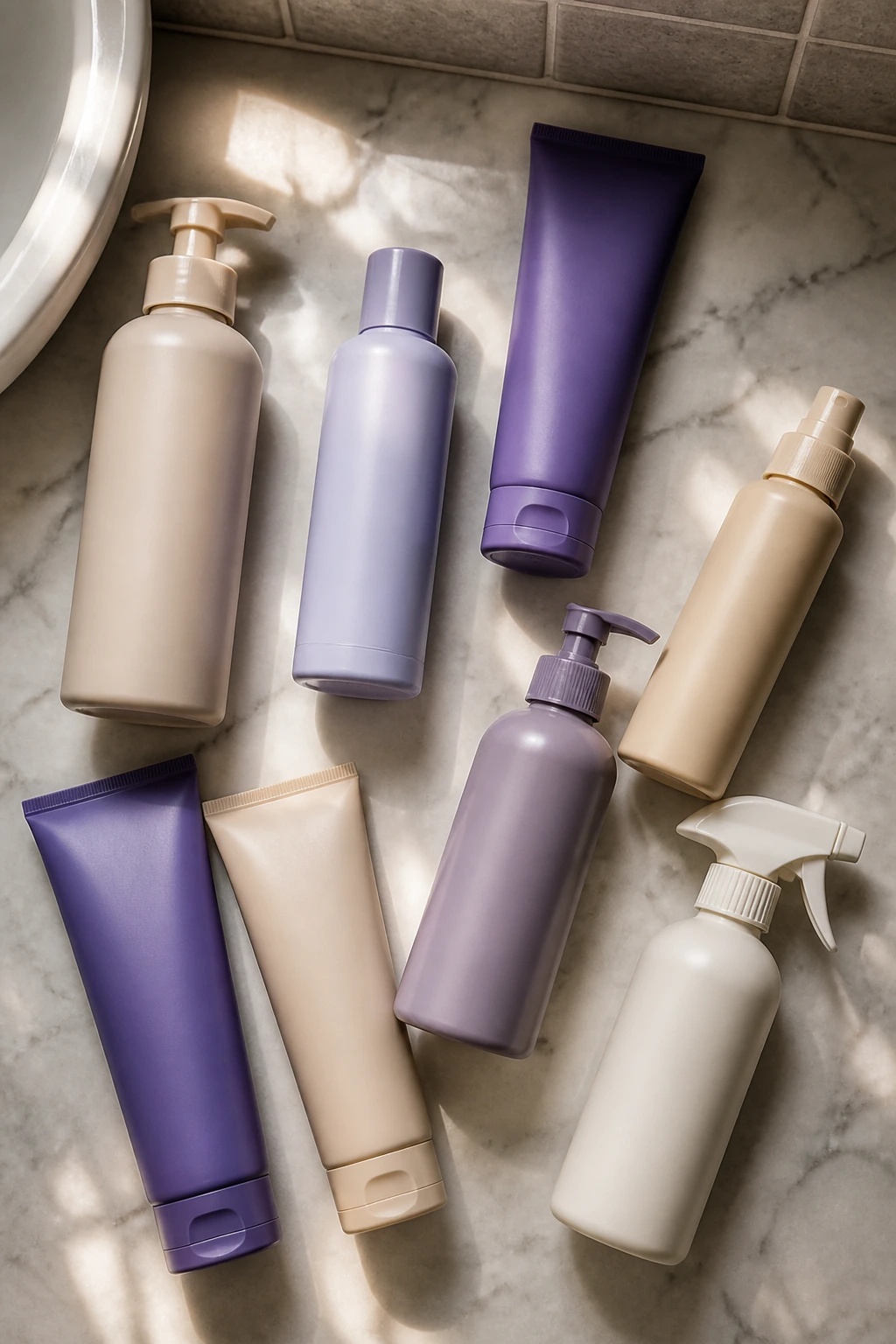 Flat-lay of generic shampoo and treatment bottles on a bathroom counter for blonde shades.