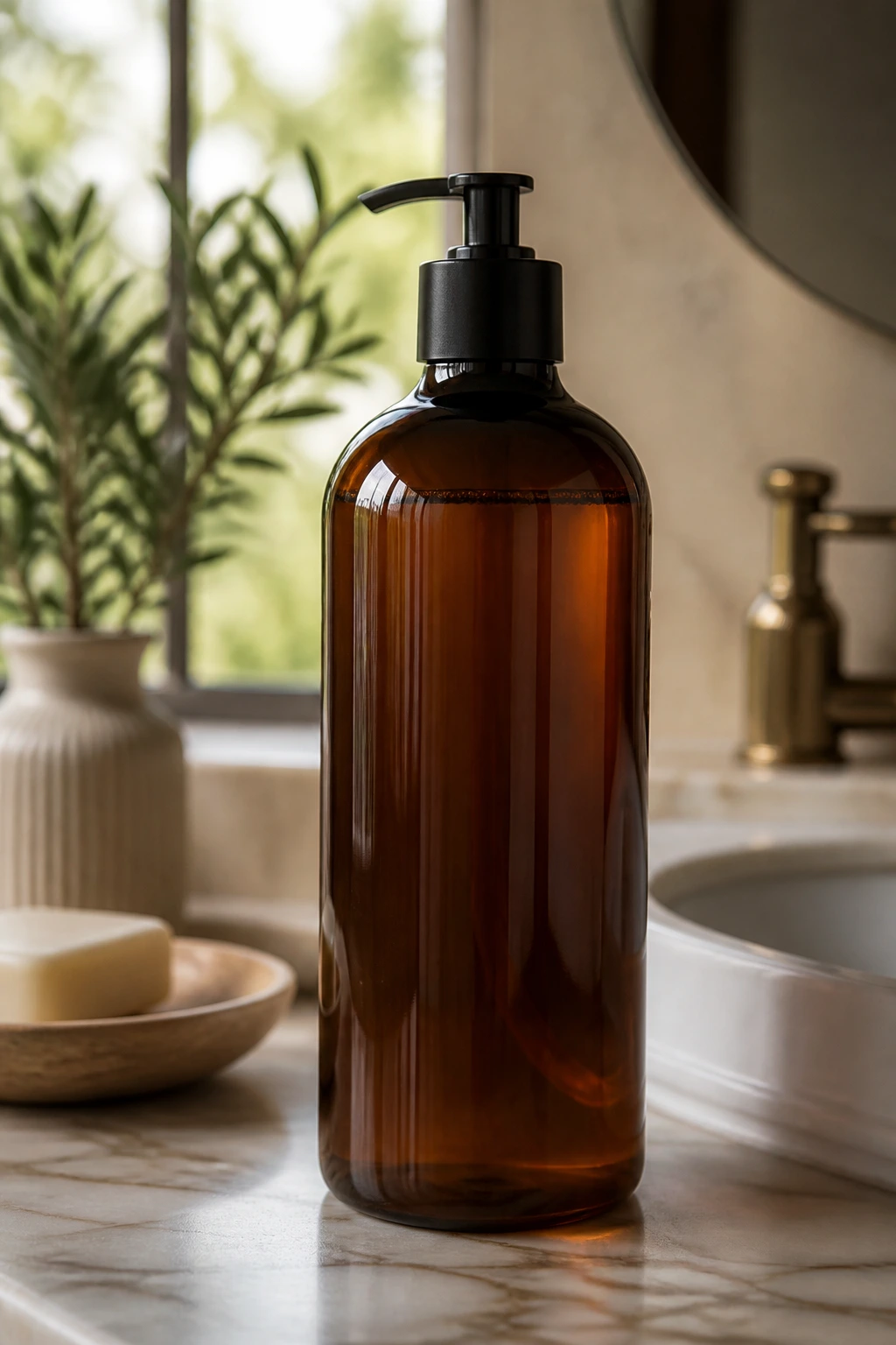 Macro shot of a color-safe shampoo bottle on a bathroom counter.