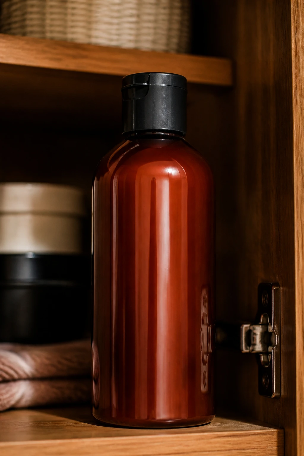 Bottle being sealed in a cool cabinet for shampoo color storage guidance