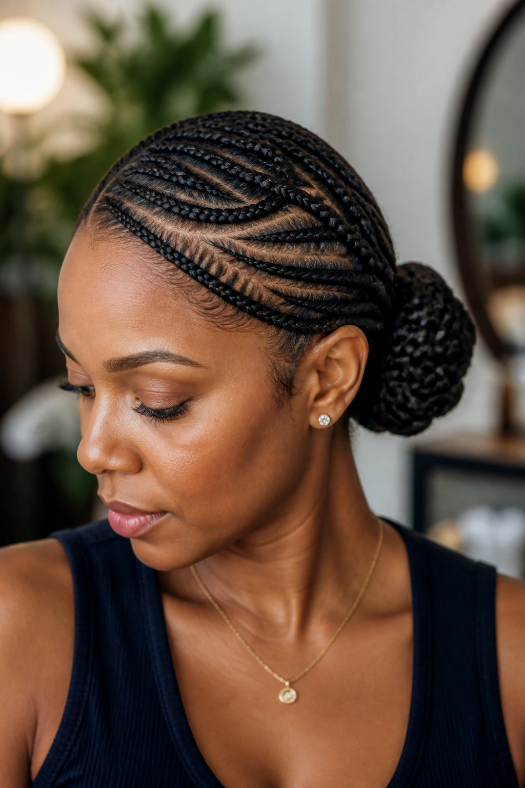 Portrait showing off-center part and diagonal braided updo
