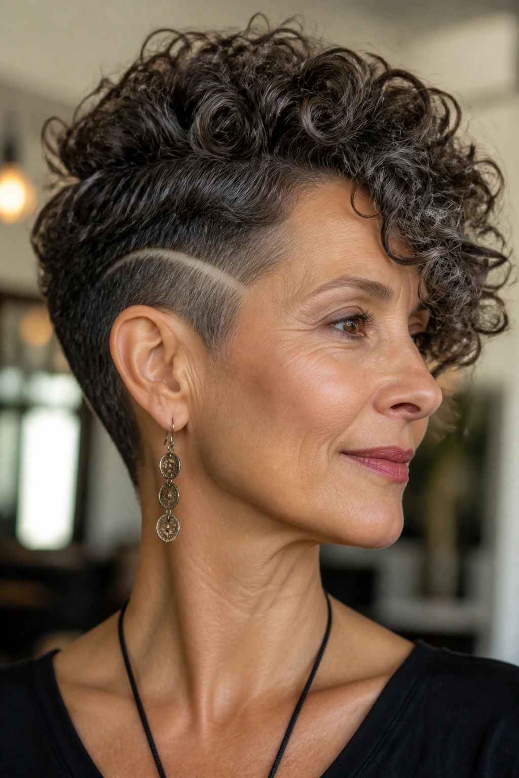 Portrait of a real woman with a sculpted curly hairstyle showing the shape behind the shape