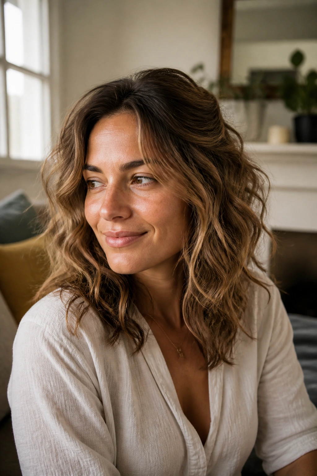 Close-up of a real woman with wavy hair showing bend-friendly shape in a cozy home setting.