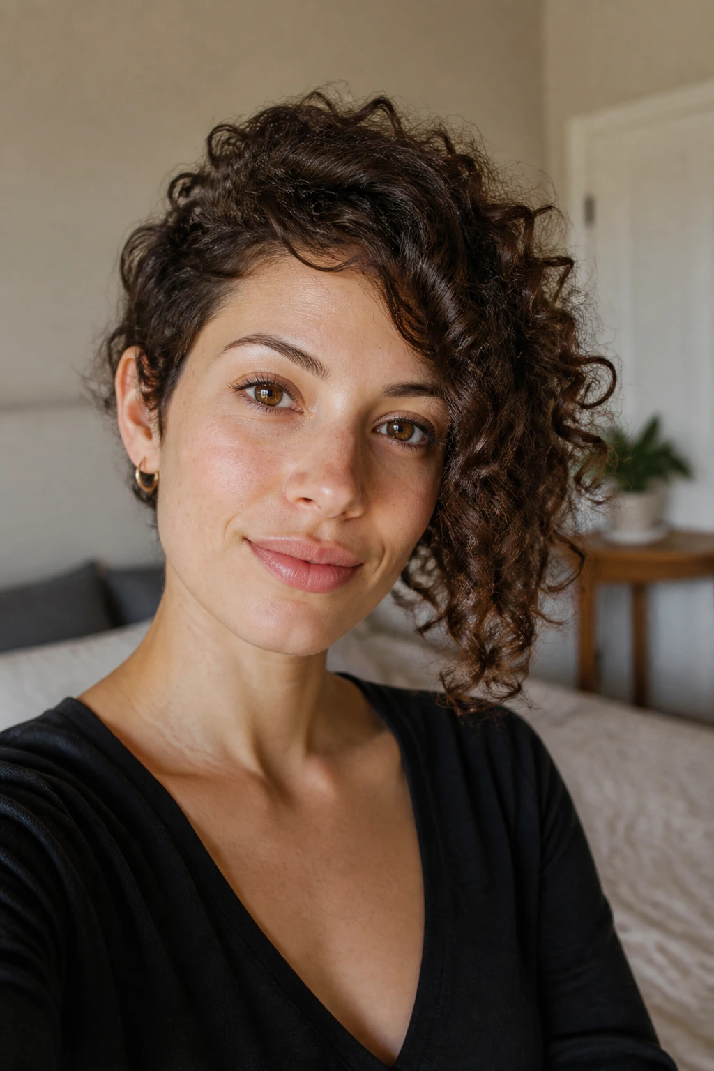 Close-up of a real woman with a crisp diagonal line to keep shape between trims