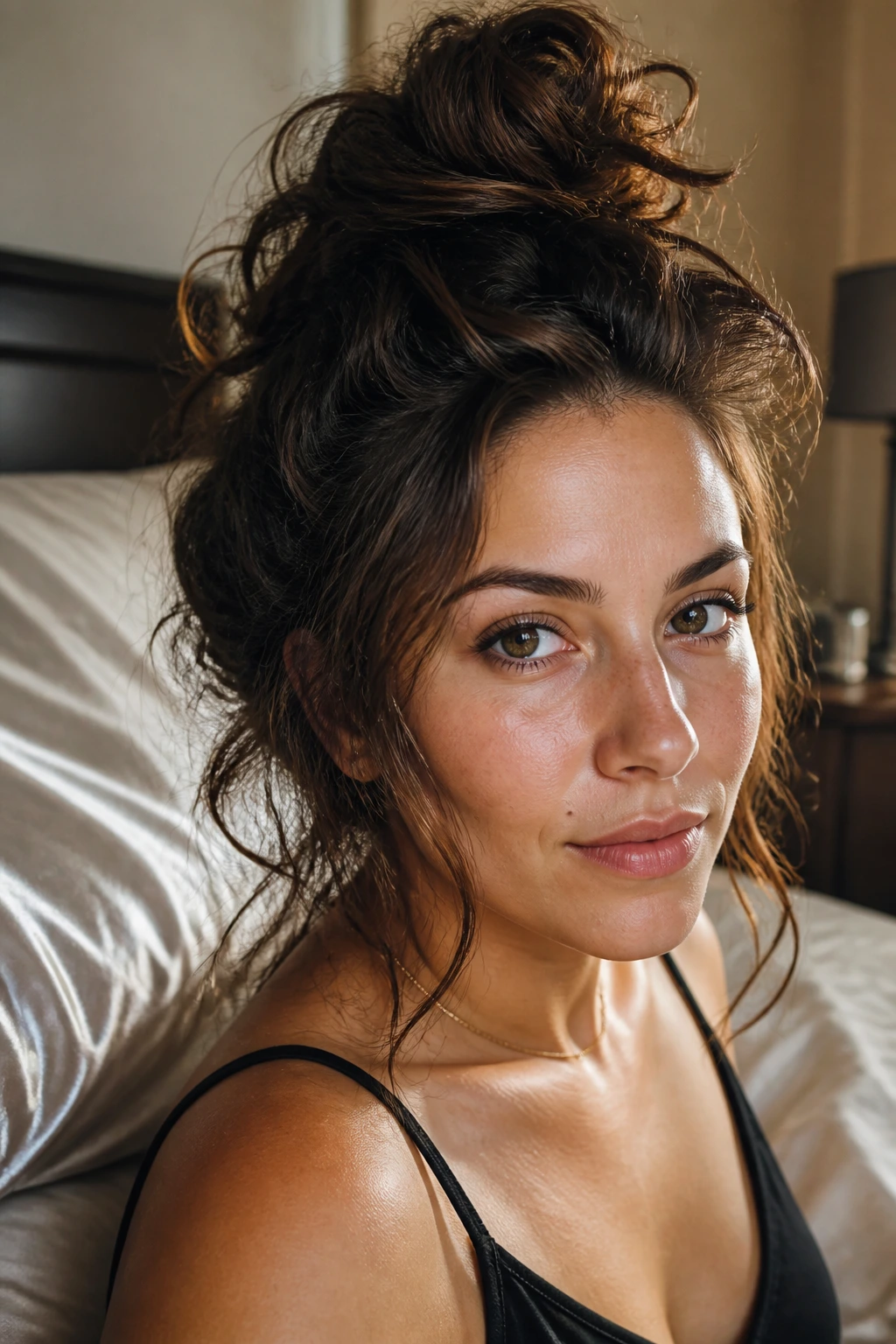 Brunette with loose pineapple at crown in a softly lit bedroom