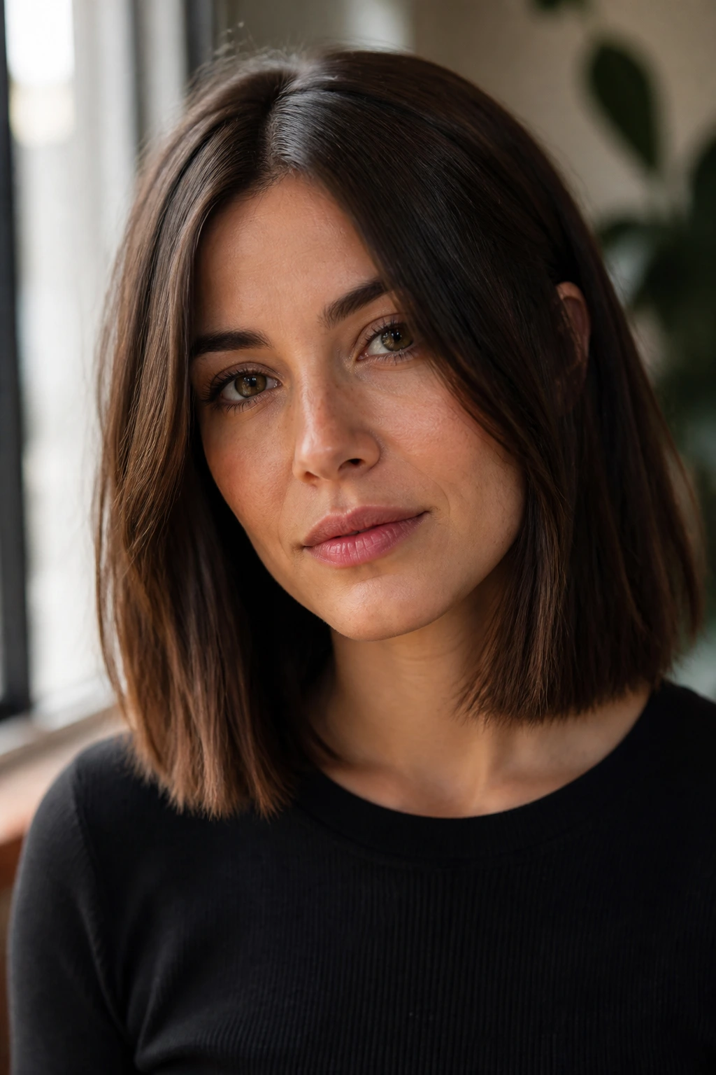 Close-up of a woman with a blunt, lasting mid-length hairstyle.