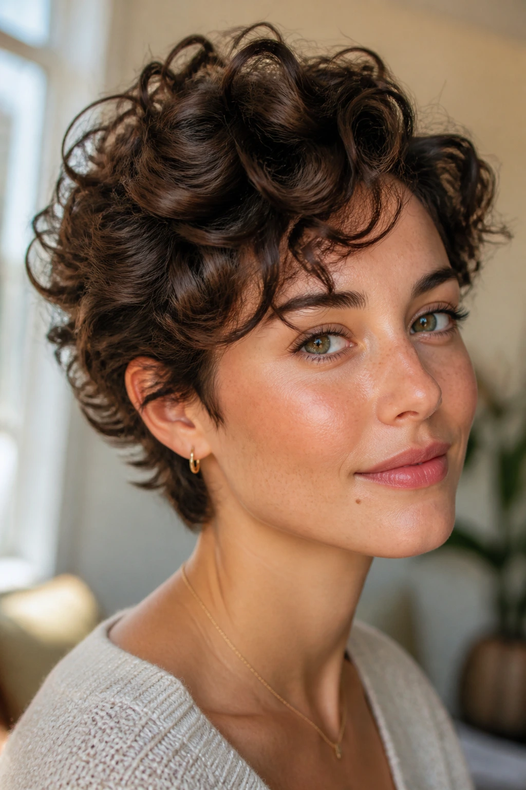 Close-up of a real woman showing temple and crown shaping in a short curly cut.