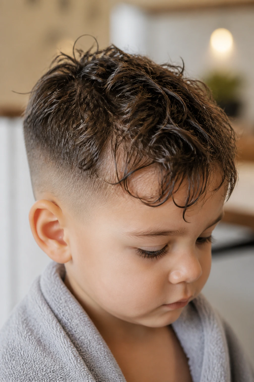 Toddler head close-up showing fringe longer for shape boost